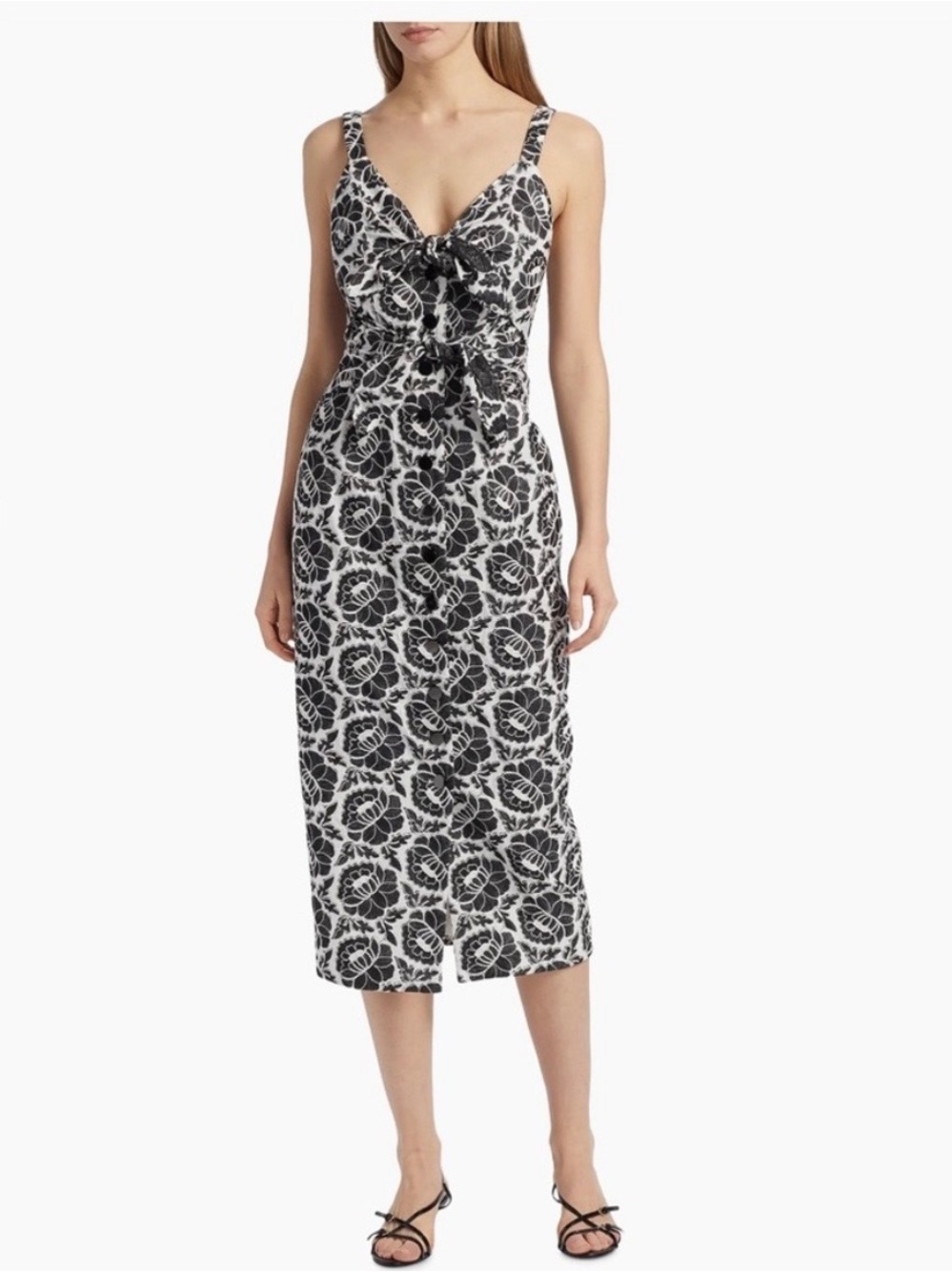 Toccin Black & White Floral Tie-Front Midi Dress with Front Tie, 100% cotton